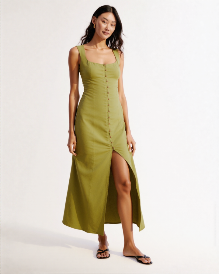 Arla LINEN BLEND MIDI DRESS Olivegreen