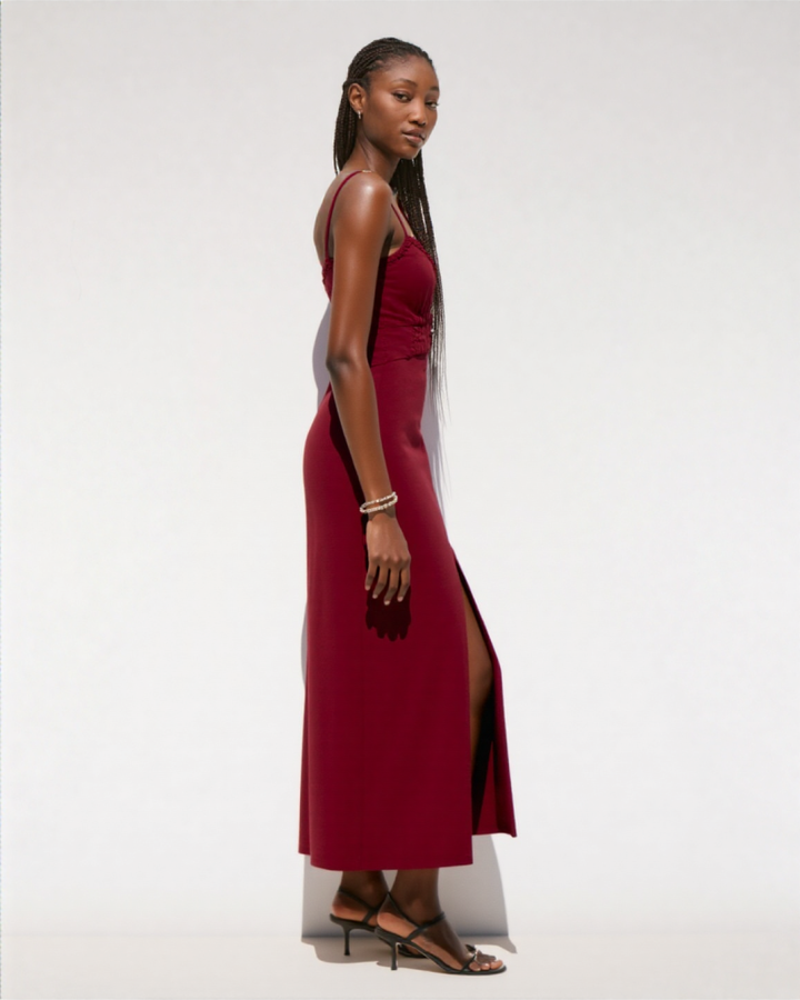 Isana LINEN BLEND MIDI DRESS Maroon