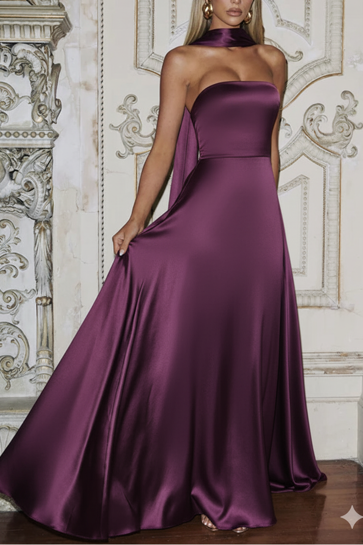 Amalfi Strapless Satin Maxi Dress with scarf in Purple – OUTCAST