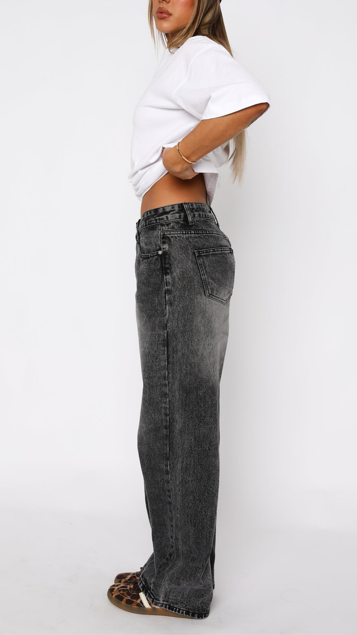 Claudia Style Low Rise Wide Leg Jeans in Grey Acid