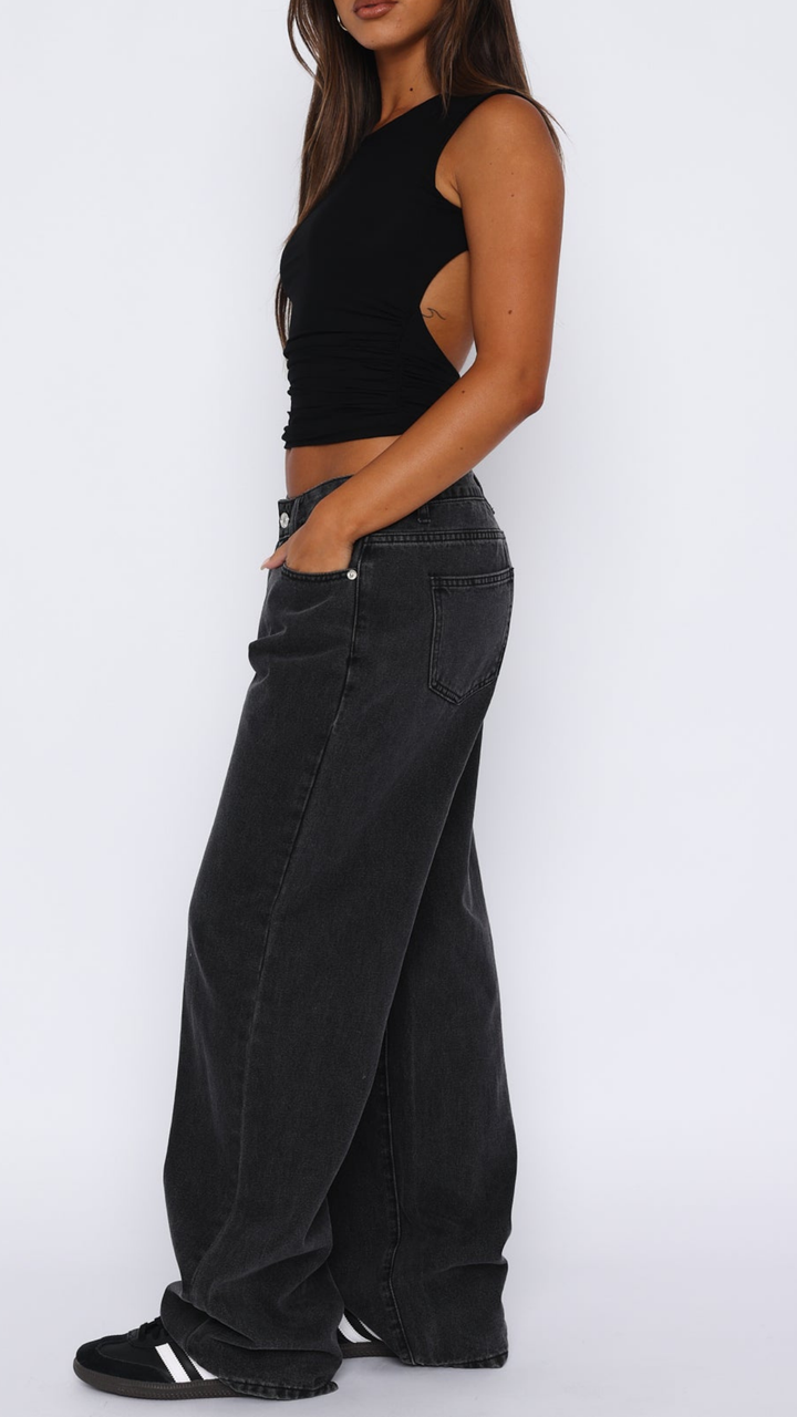 Claudia Style Low Rise Wide Leg Jeans in Grey Acid
