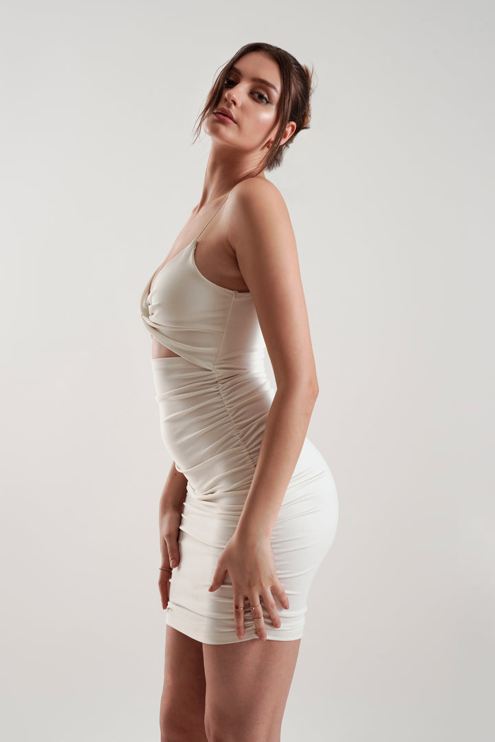 FOCUS ON ME  Cut Out Ruched Mini Dress in Ivory