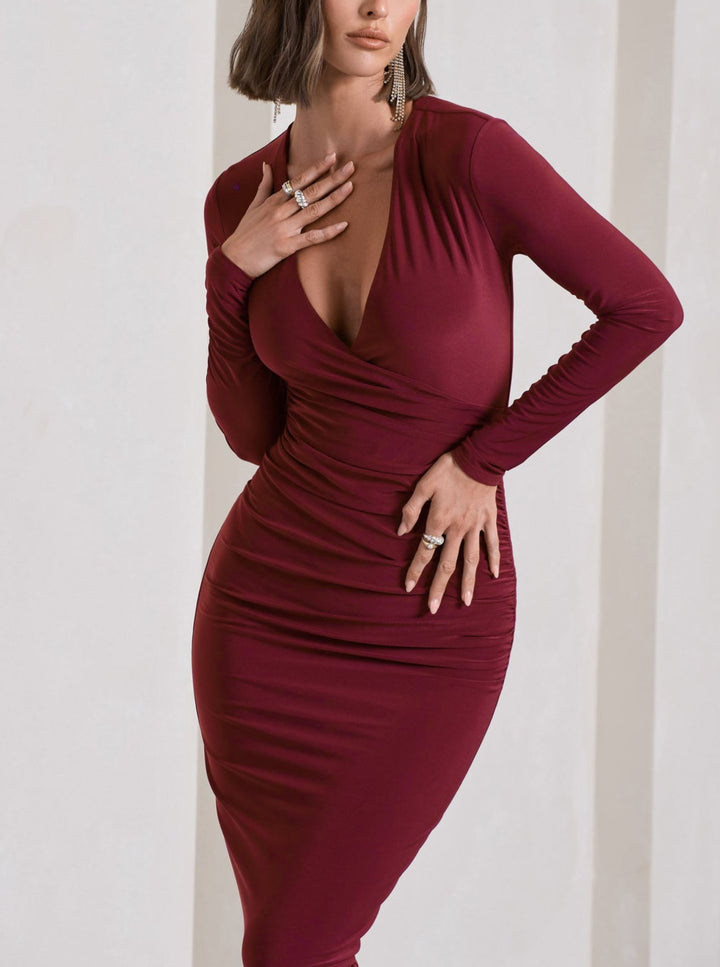 Natalie  BODYCON PLUNGE-NECK MIDI DRESS in Maroon