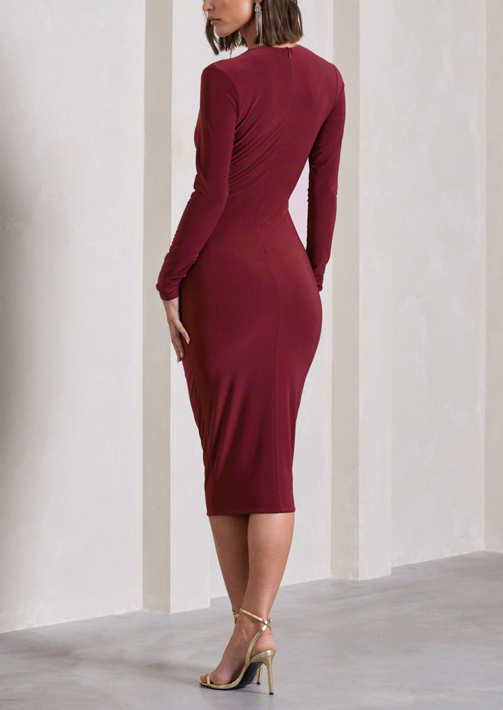 Natalie  BODYCON PLUNGE-NECK MIDI DRESS in Maroon