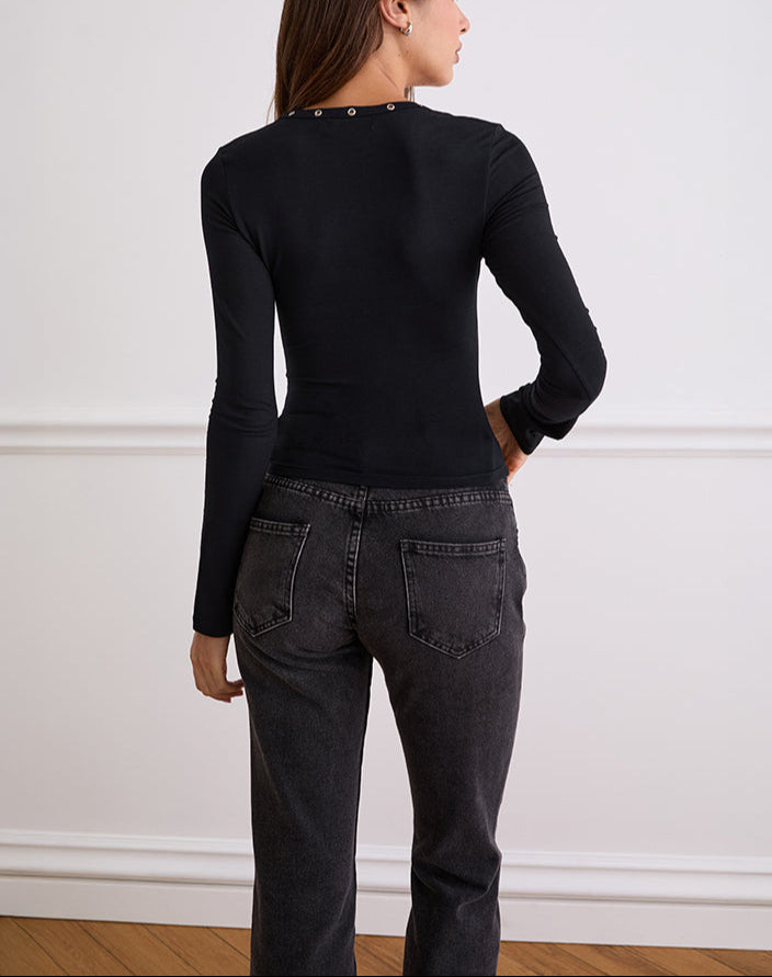 Lira Studded Scoop Long Sleeve Top in Black