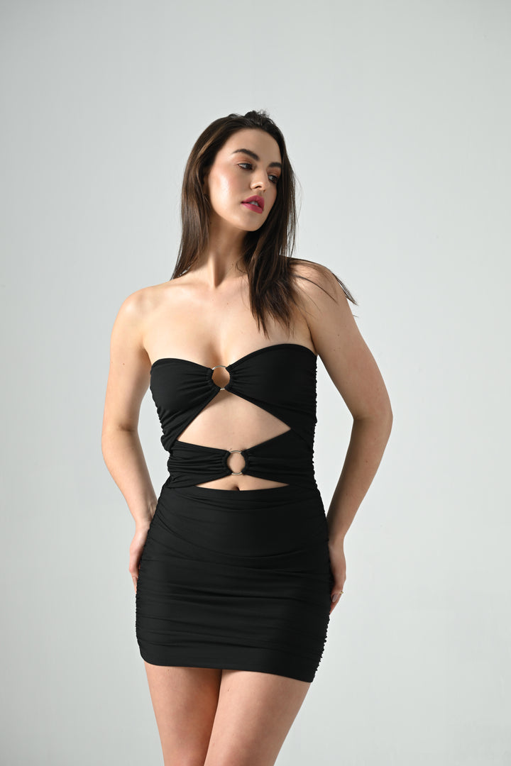 BLAIR STRAPLESS WHITE MINI DRESS WITH RING DETAILING
