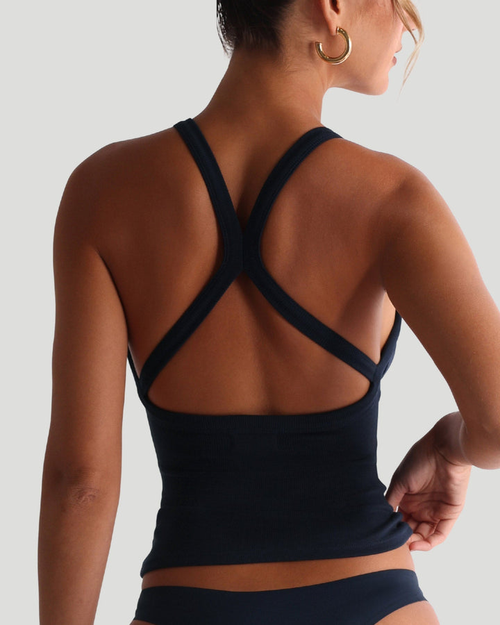 Miroslava Ribbed Split Back Top in Navy