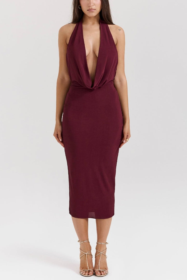 Lena Merlot Draped Midi Dress