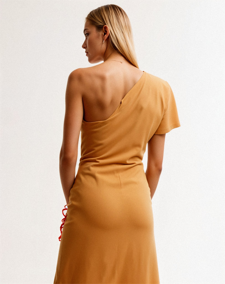 Evira Asymmetrical linen Midi dress brown