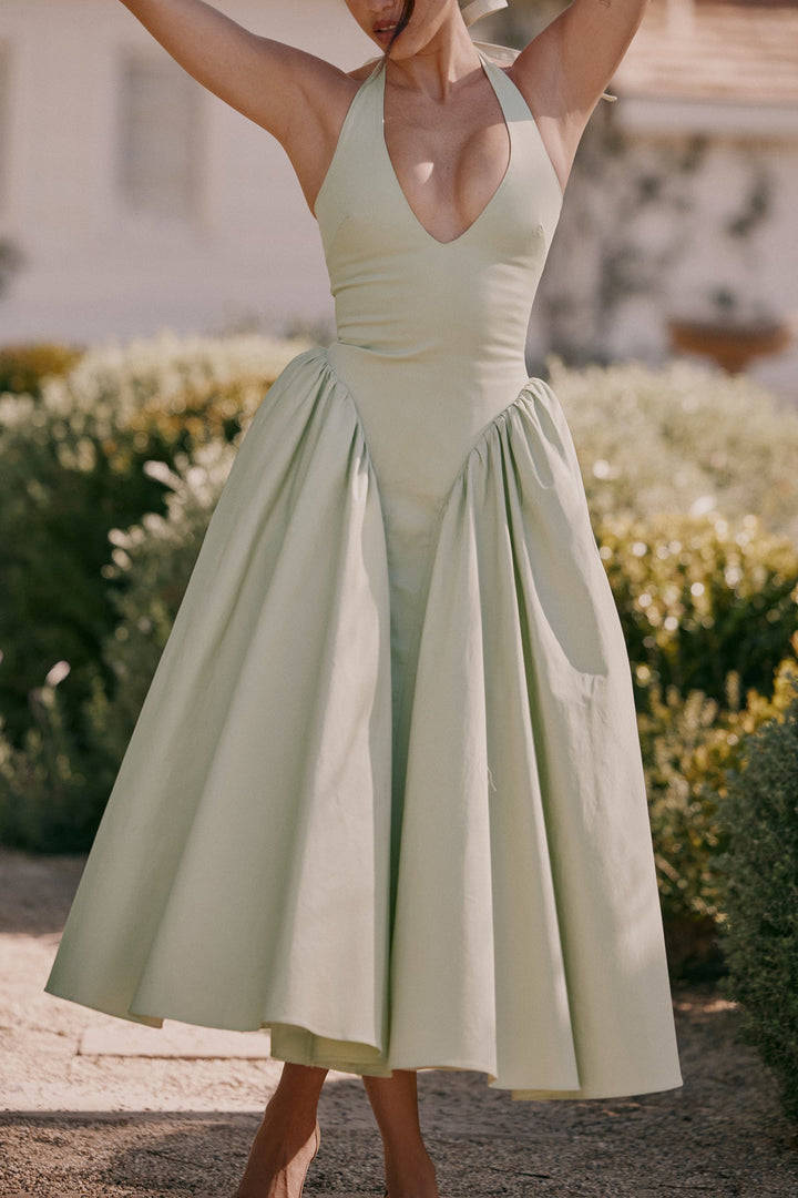 Arina pistachio cotton halter midi sundress
