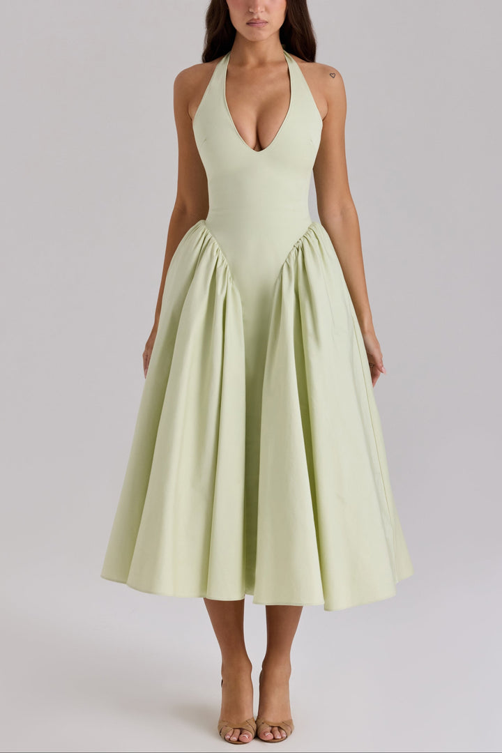 Arina pistachio cotton halter midi sundress