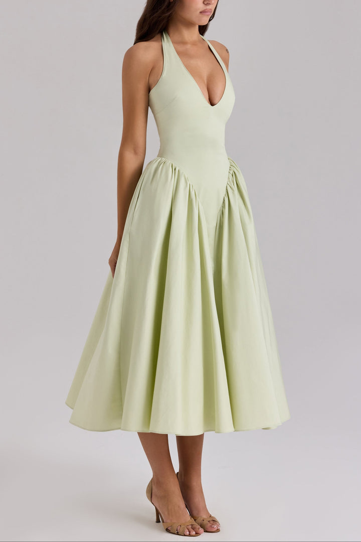 Arina pistachio cotton halter midi sundress