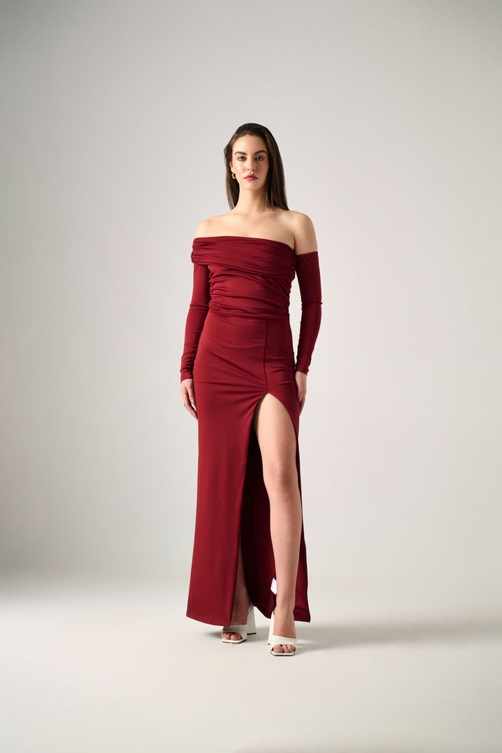 MIRA LONG SLEEVE RUCHED MAXI DRESS WITH SIDE SPLIT