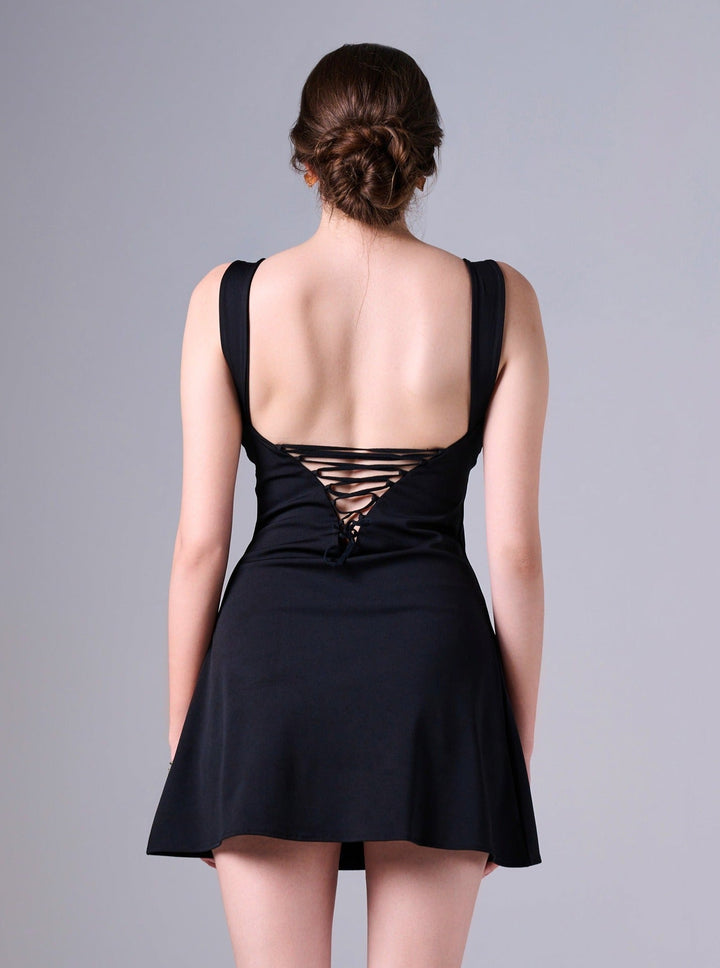 VIENNA Tie Up corset Back Mini Dress in Black
