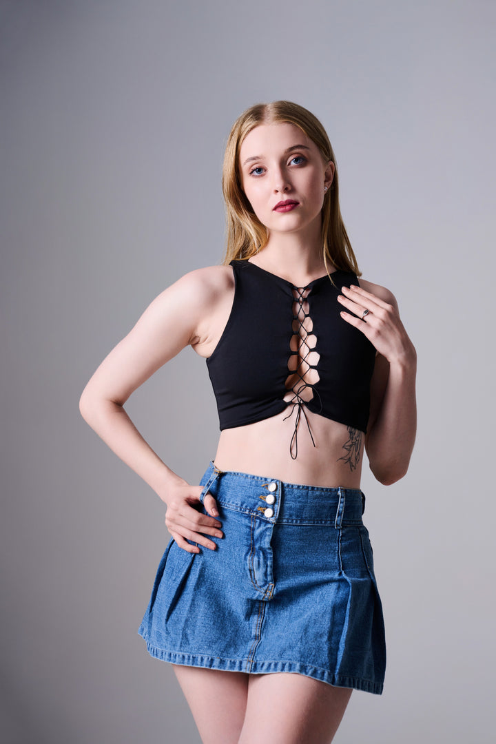 Stormi Lace Up Crop Top in Black
