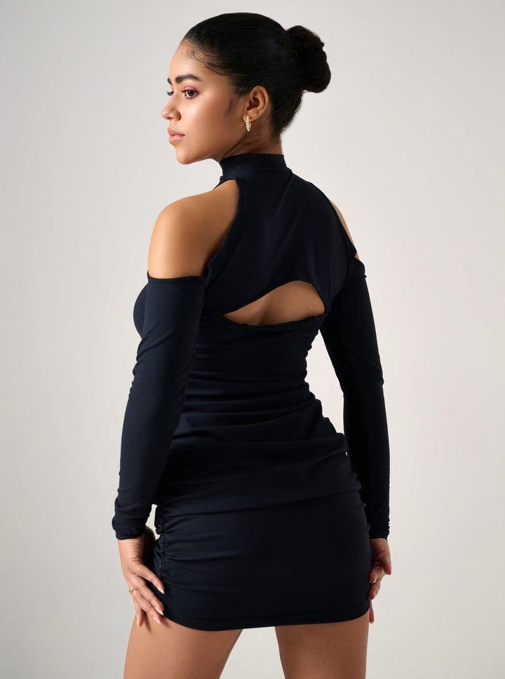 Helen High Neck Cut Out Mini Dress in Black