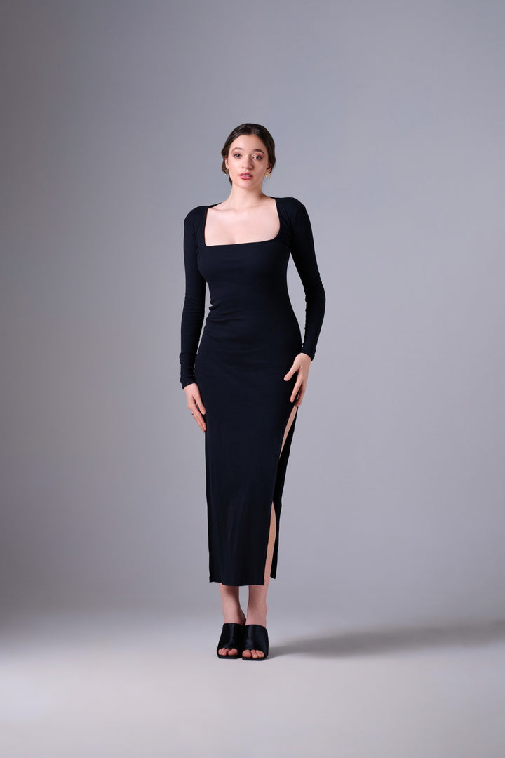 BLACK BRUSHED RIB DOUBLE SPLIT HEM MAXI DRESS