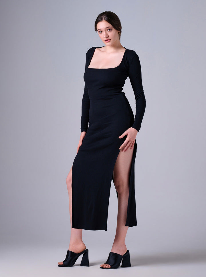 BLACK BRUSHED RIB DOUBLE SPLIT HEM MAXI DRESS
