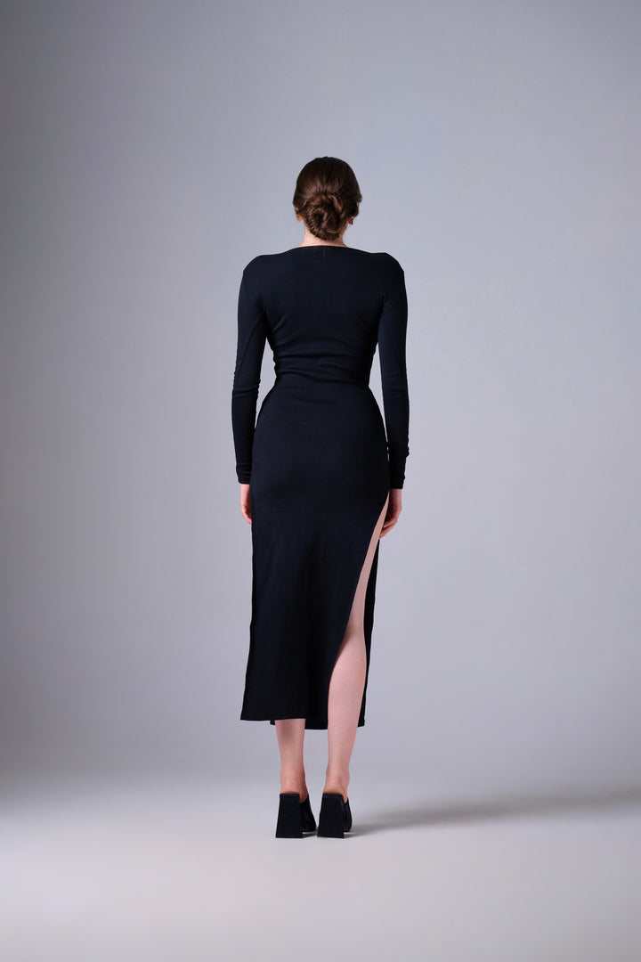 BLACK BRUSHED RIB DOUBLE SPLIT HEM MAXI DRESS