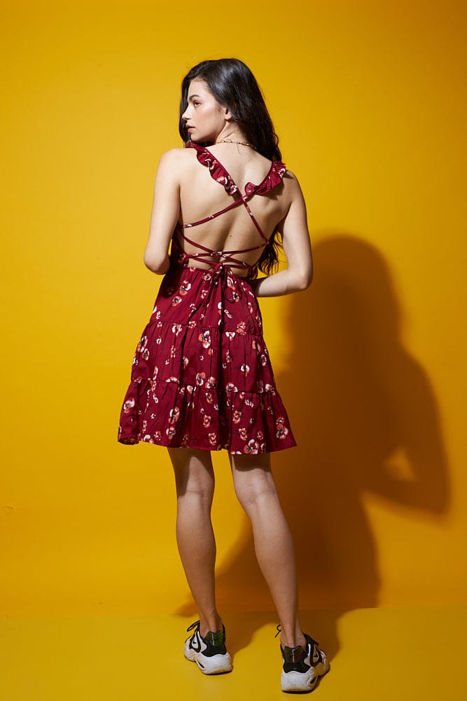 Ruffled floral dress with unique Criss cross back