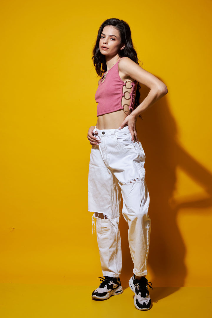 Rings on the side crop top with chain neck
