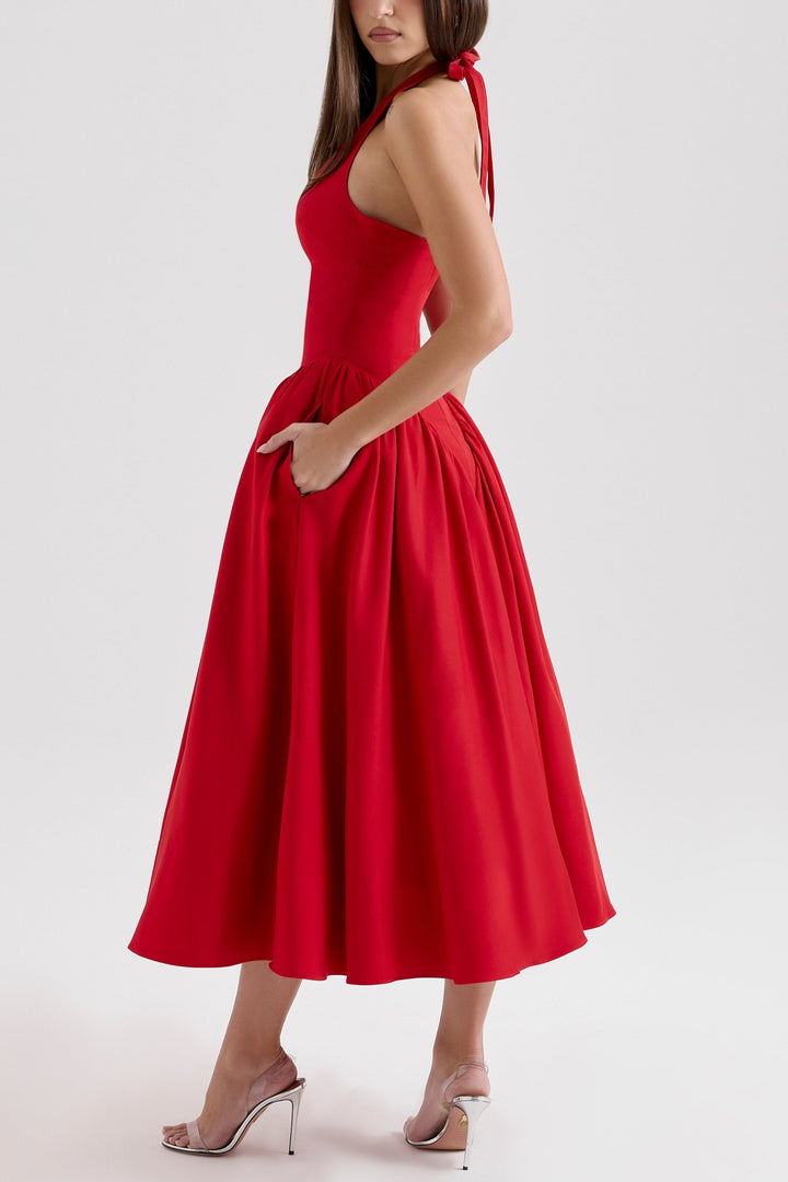 Naomi Red Halter Midi Dress