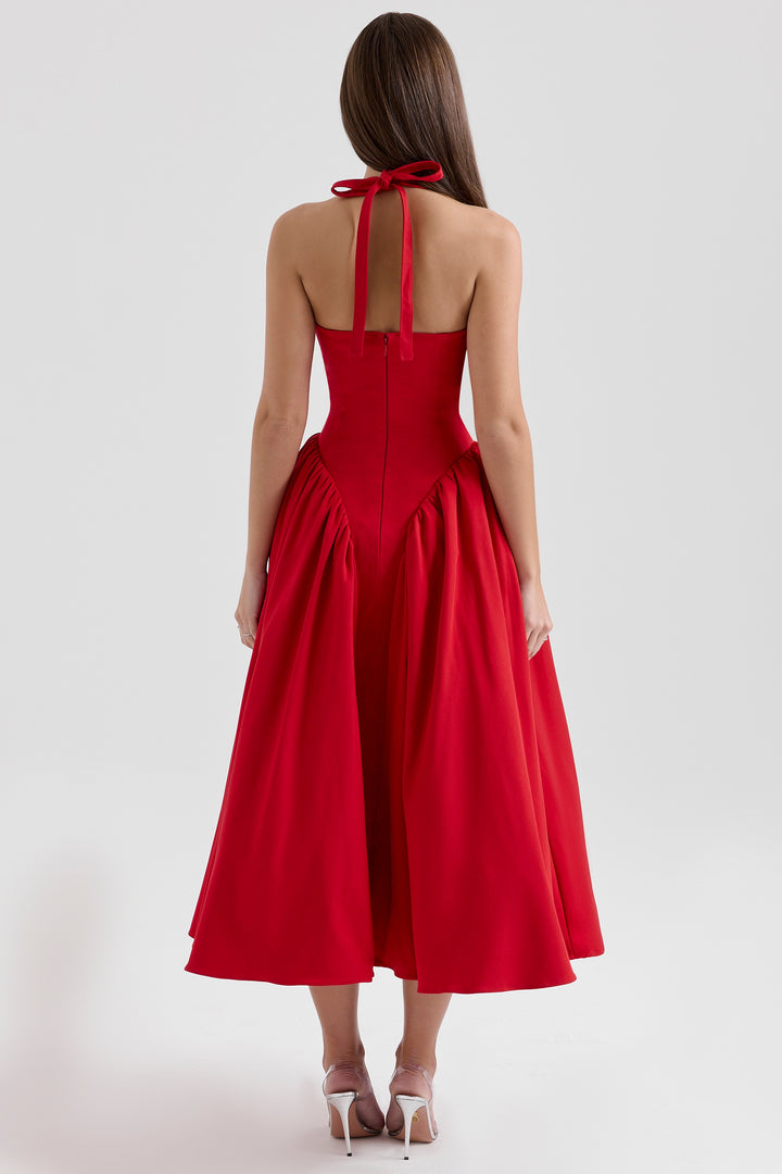 Naomi Red Halter Midi Dress