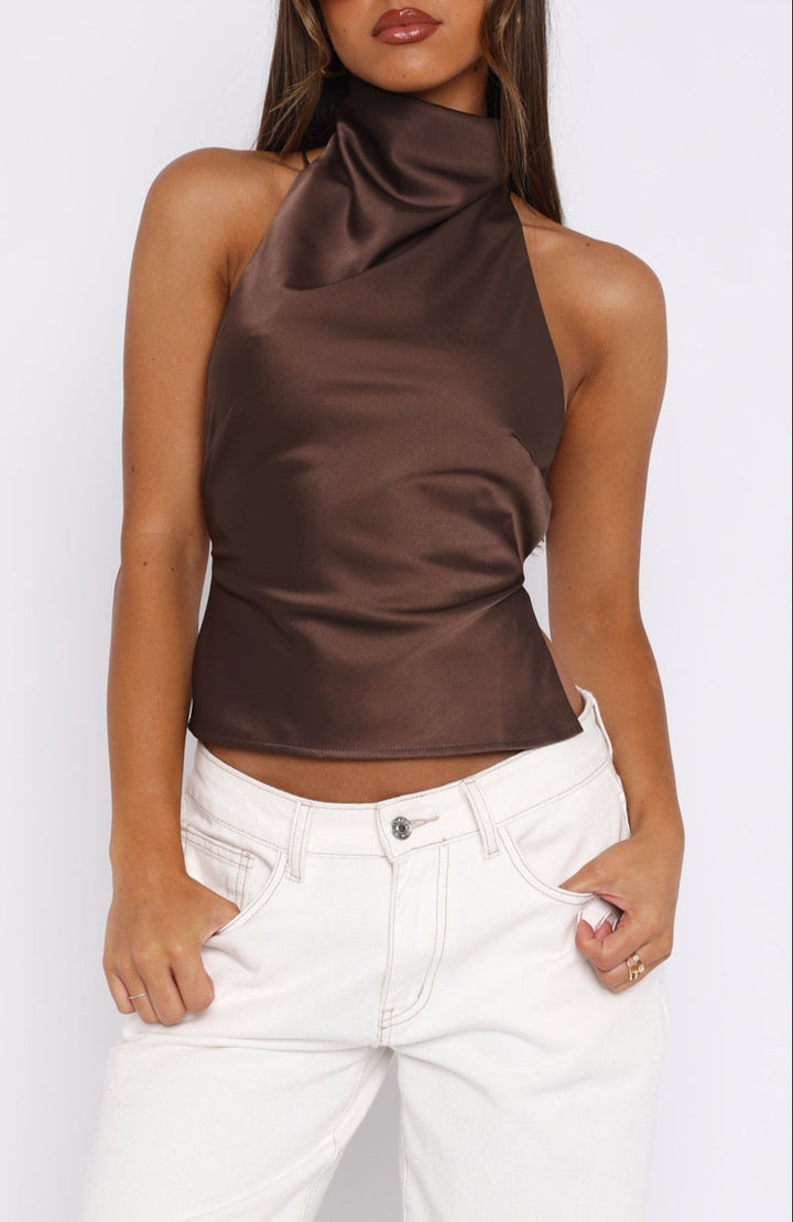 Glafira Satin Halter Top Brown