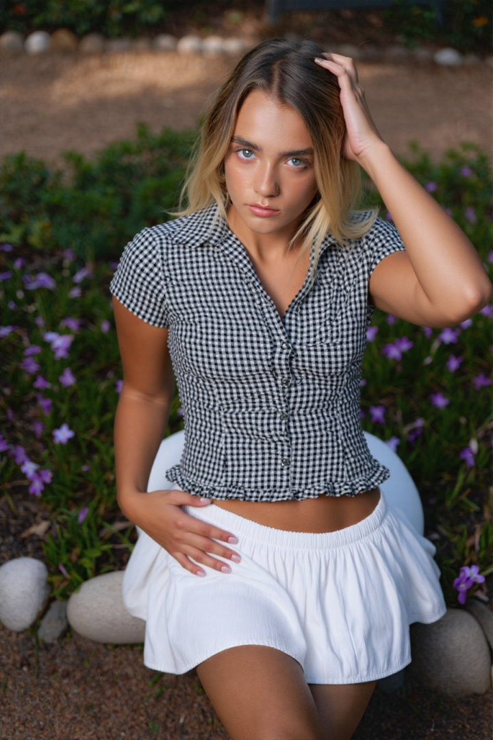 Bexley shirred puff sleeve top in ghingam print