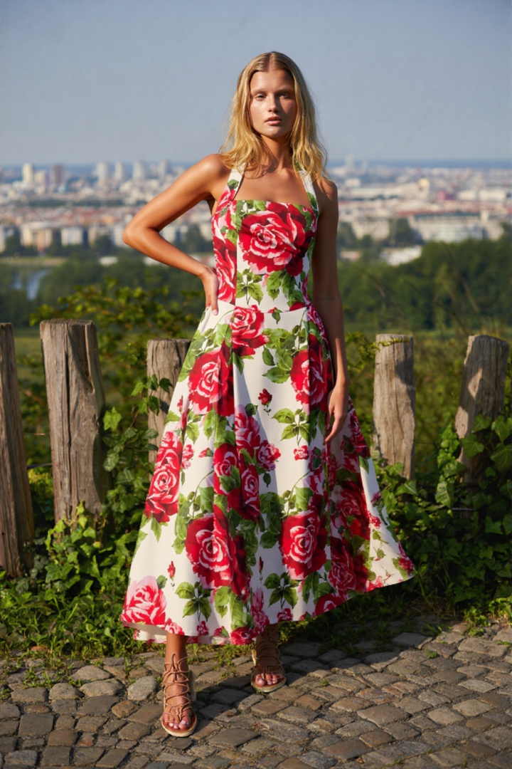 Aulivia Halter Midi Dress in Rose Print