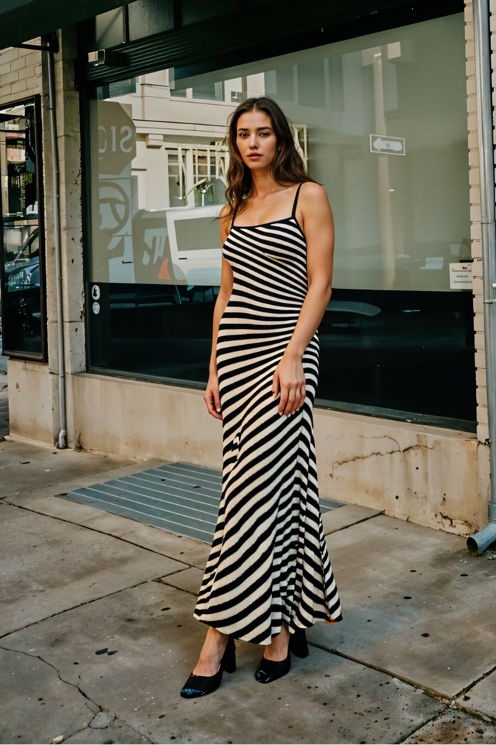 Kora Striped Knit Dress in Black & Ivory