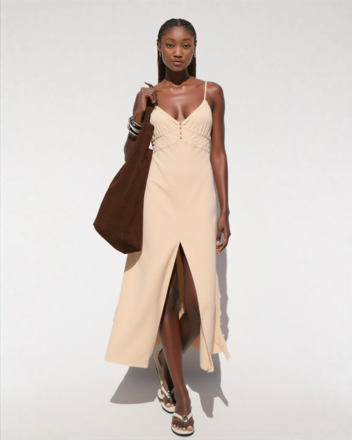 Isana LINEN BLEND MIDI STRAPPY DRESS Beige