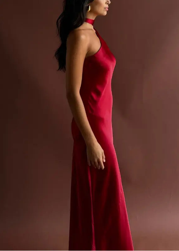 Teresa One Shoulder Satin Maxi Dress in Red