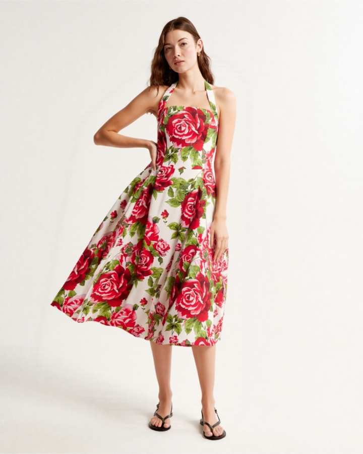 Aulivia Halter Midi Dress in Rose Print