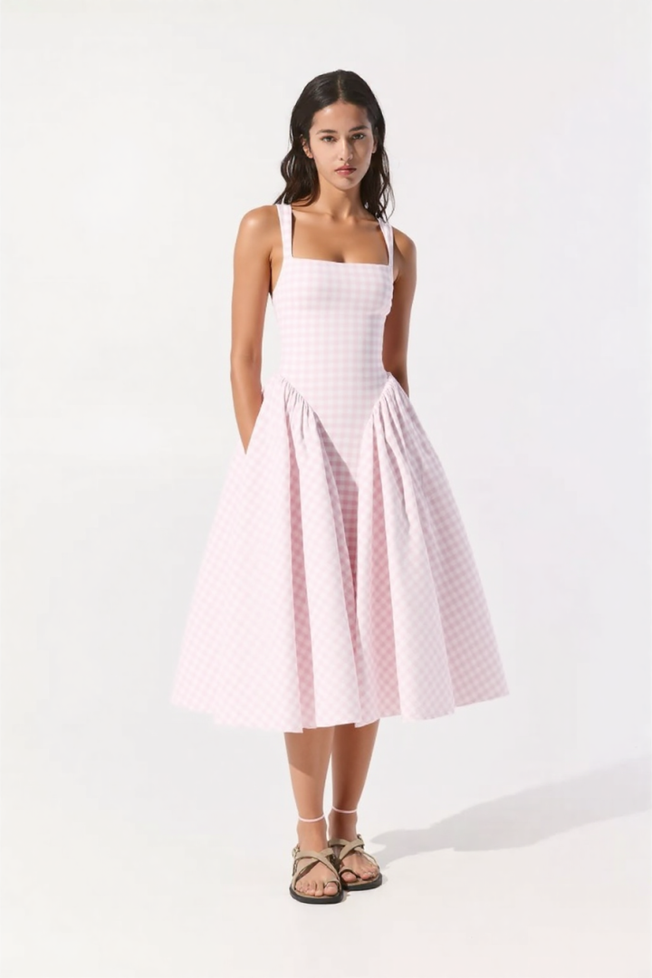 Revina Midi Dress in Blush Gingham