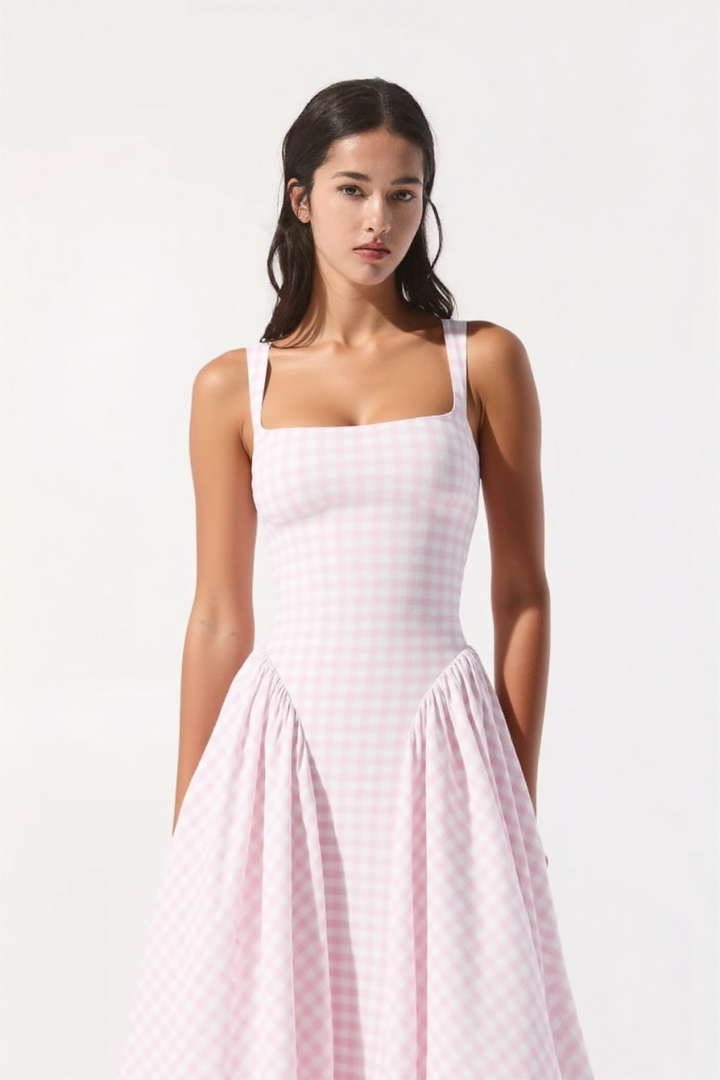 Revina Midi Dress in Blush Gingham