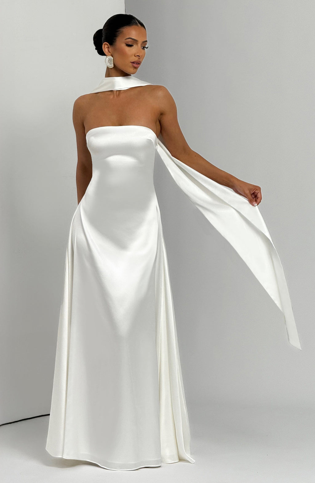 Amalfi Strapless Satin Maxi Dress with scarf in Purple