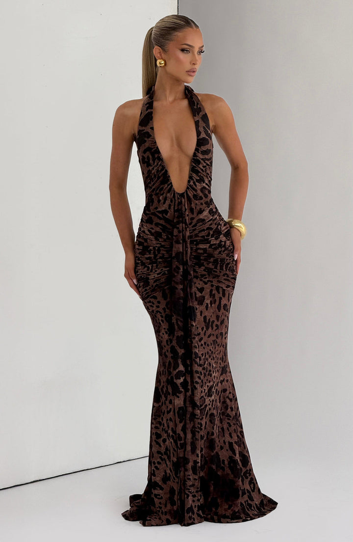 Zahara Leopard Plunge Gown