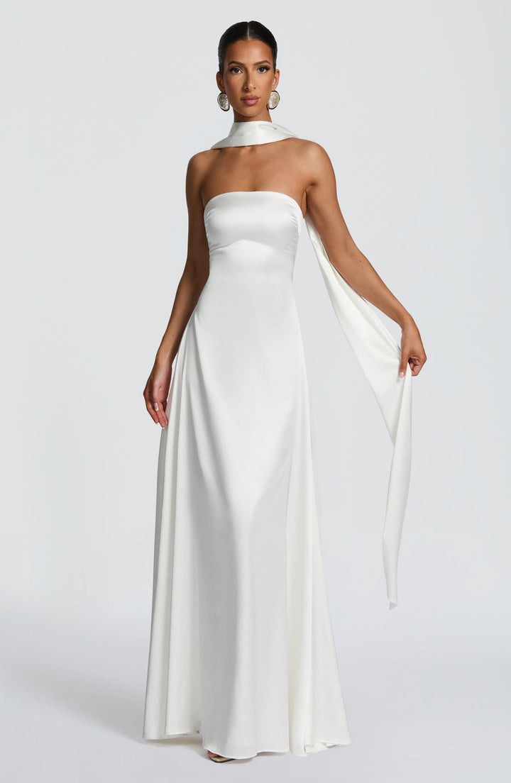 Amalfi Strapless Satin Maxi Dress with scarf in Purple