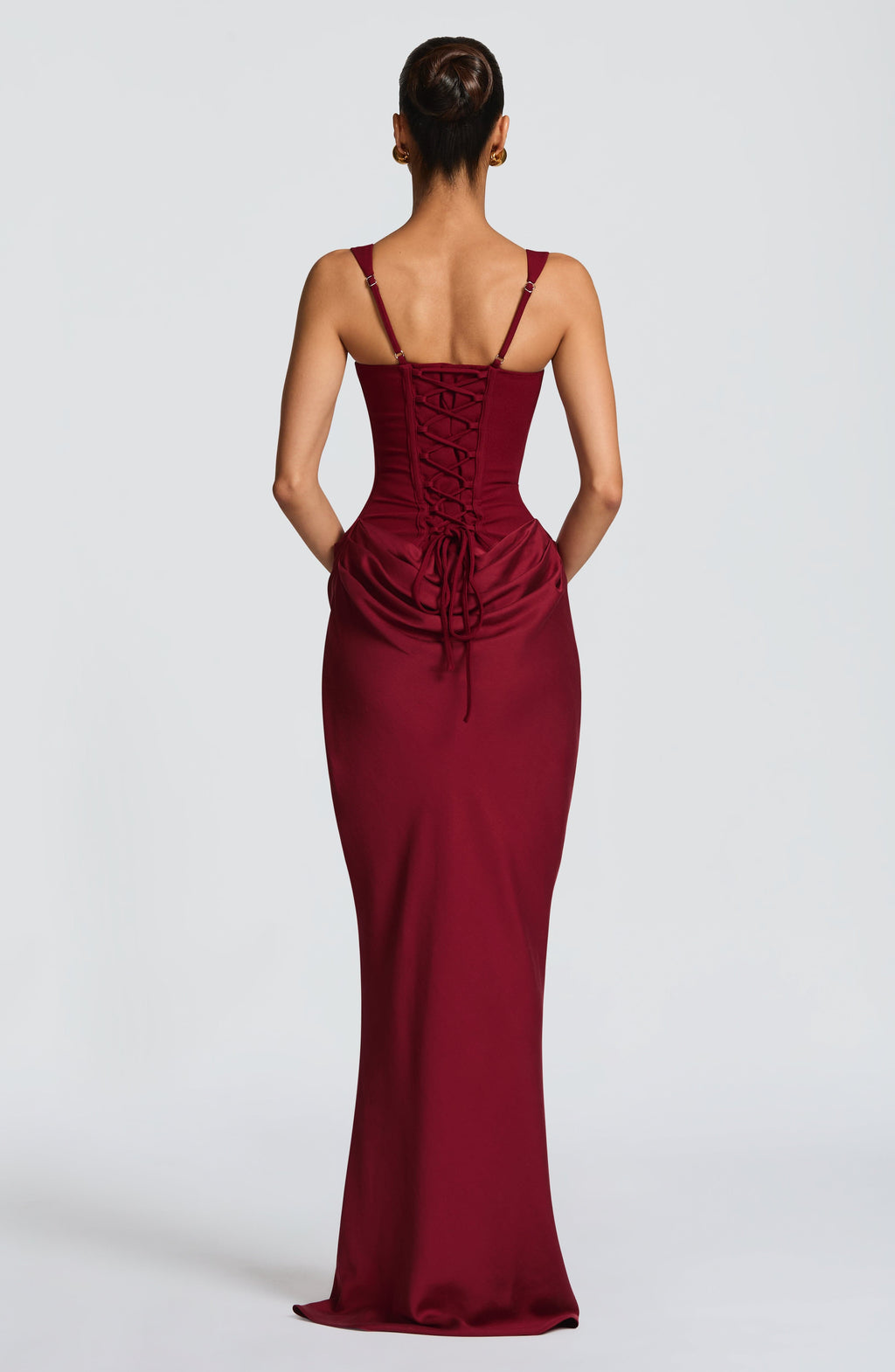 Anelina Satin Draped Maxi Gown In Maroon