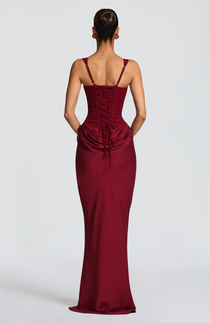 Anelina Satin Draped Maxi Gown In Maroon