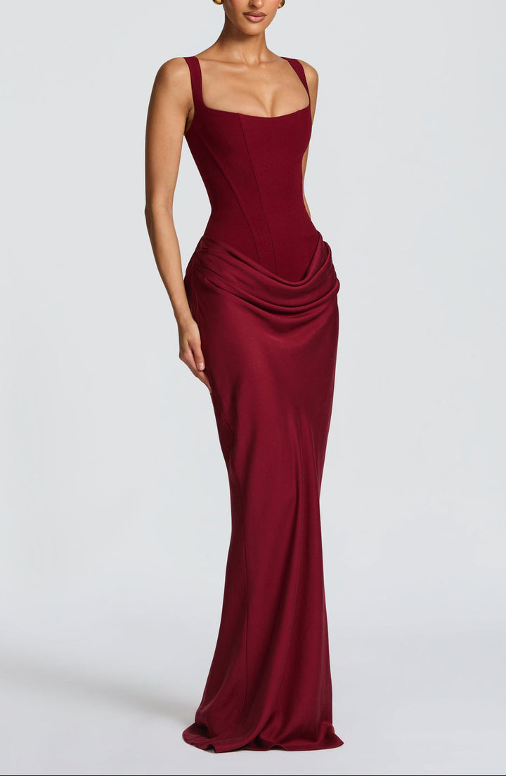 Anelina Satin Draped Maxi Gown In Maroon