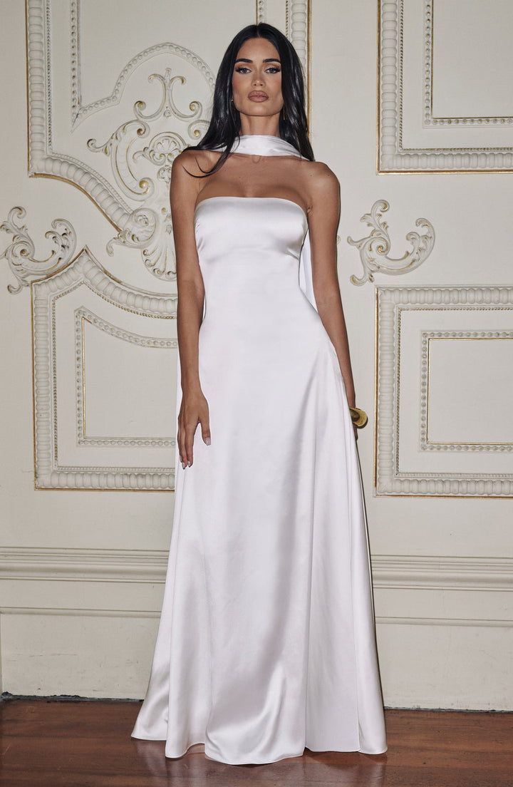 Amalfi Strapless Satin Maxi Dress with scarf in Purple
