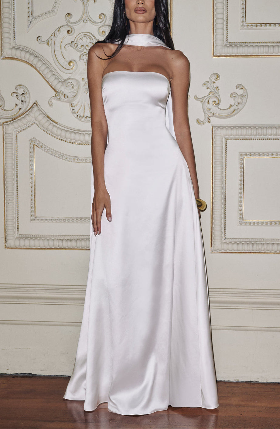 white silk dress with scarf ROMA Strapless Curved Neckline Midi Dress with Silk Scarf (Ivory White Silk Crepe)