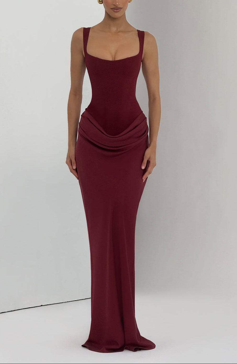 Anelina Satin Draped Maxi Gown In Maroon