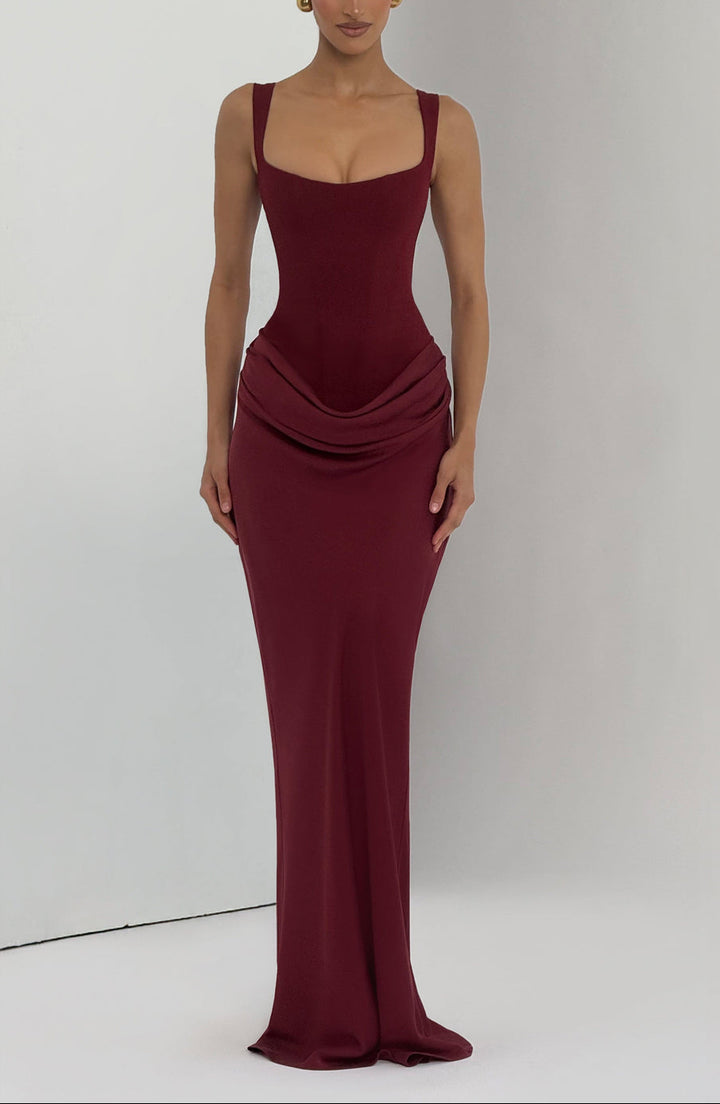 Anelina Satin Draped Maxi Gown In Maroon