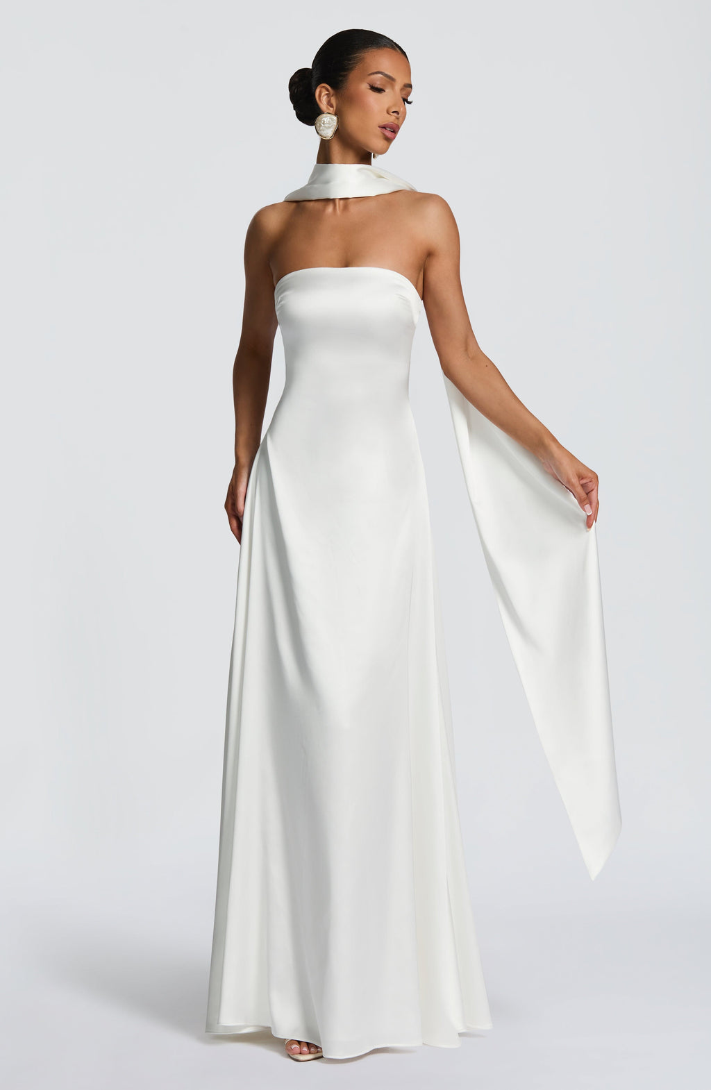 Amalfi Strapless Satin Maxi Dress with scarf in Purple