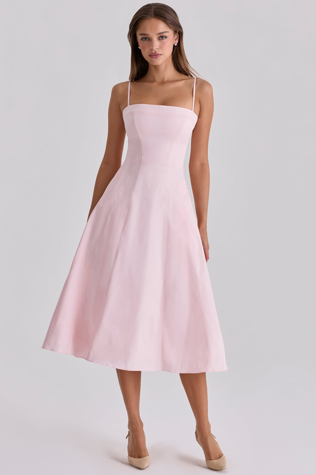 Eira Strappy Fit & Flare Midi Dress in Light pink