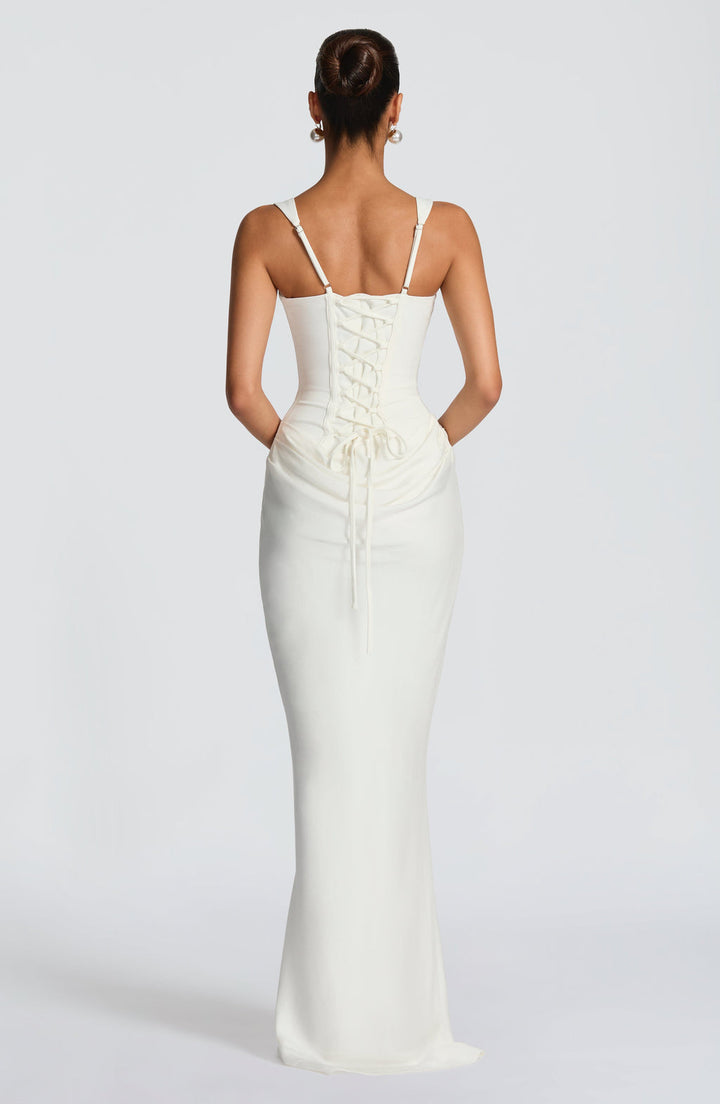 Anelina Satin Draped Maxi Gown in White