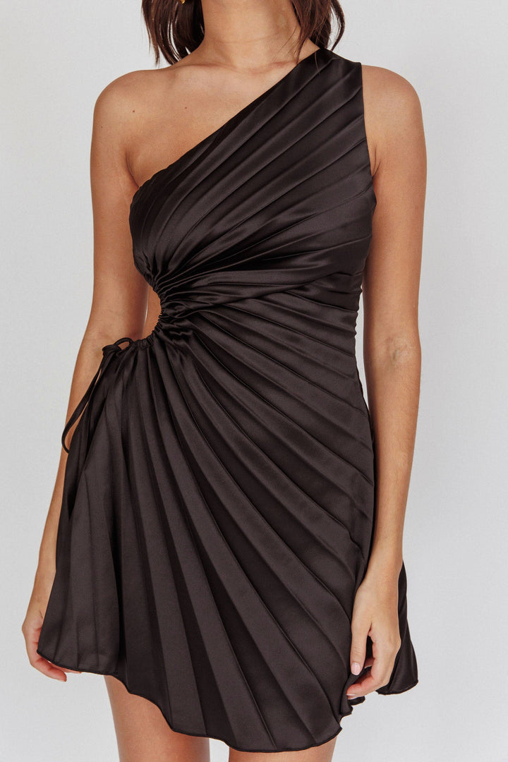Tyla Waterfall One-Shoulder Plisse Mini Dress Black